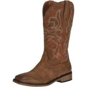 Women's Brown Cowboy Boot Western Square Toe Distressed Cowgirl Shoes